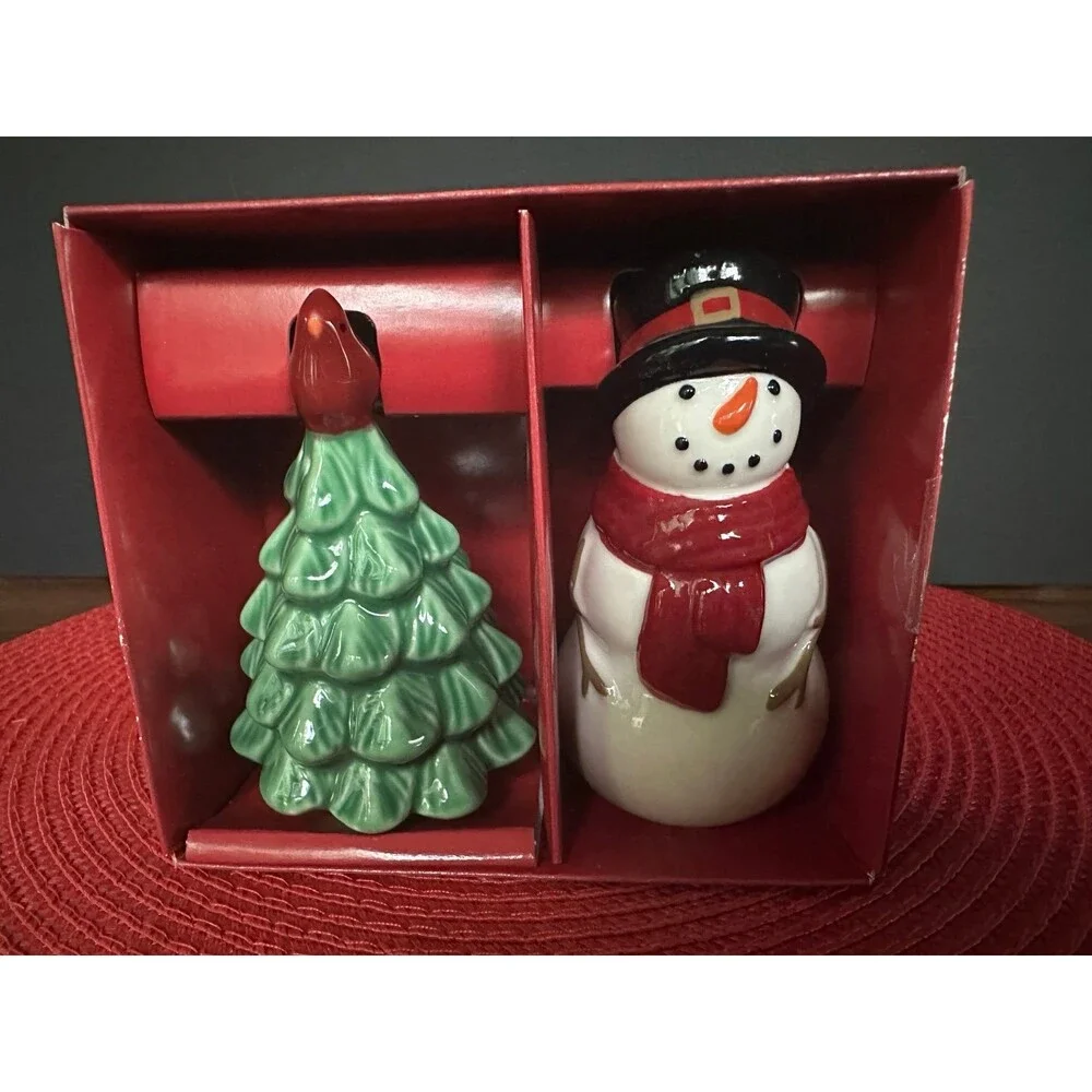St. Nicholas Square Ceramic Christmas Snowman & Tree Salt Pepper Shaker Set
